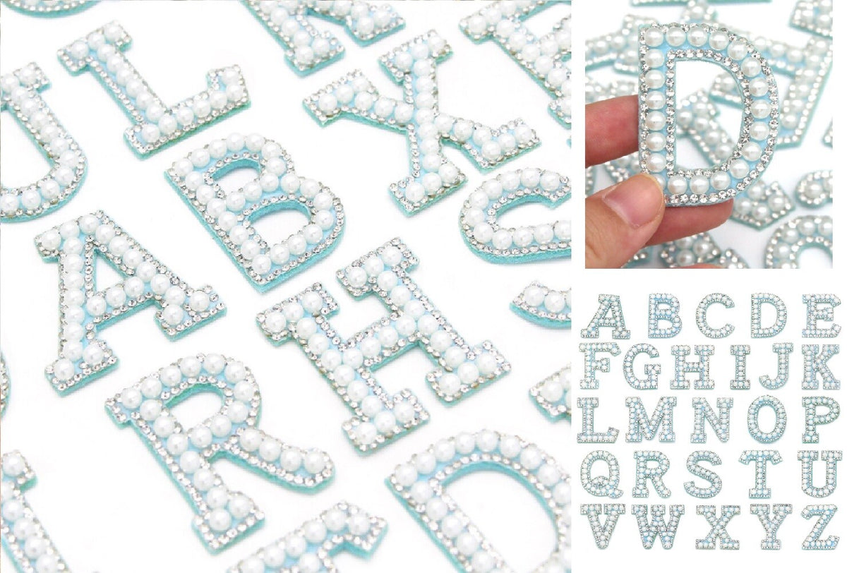 Pearl Rhinestone Letter Patch Patches Iron on Sew on Alphabet Pink White Blue