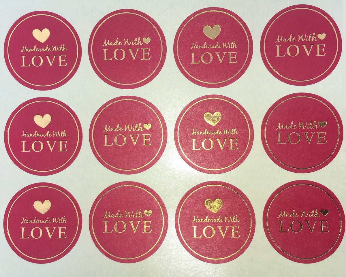 Round Paper Labels HAND MADE WITH LOVE Stickers RED AND GOLD
