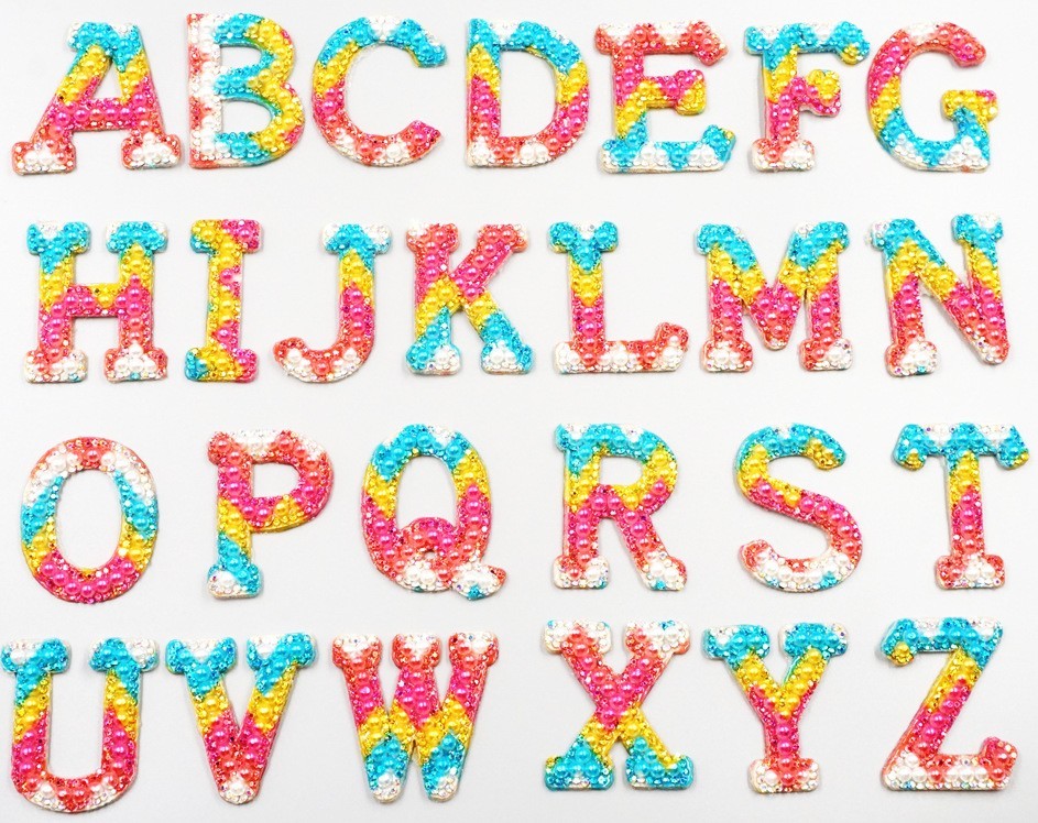 Coloured Pearl Rhinestone Letter Patch Patches Iron on Sew on Alphabet Crystal