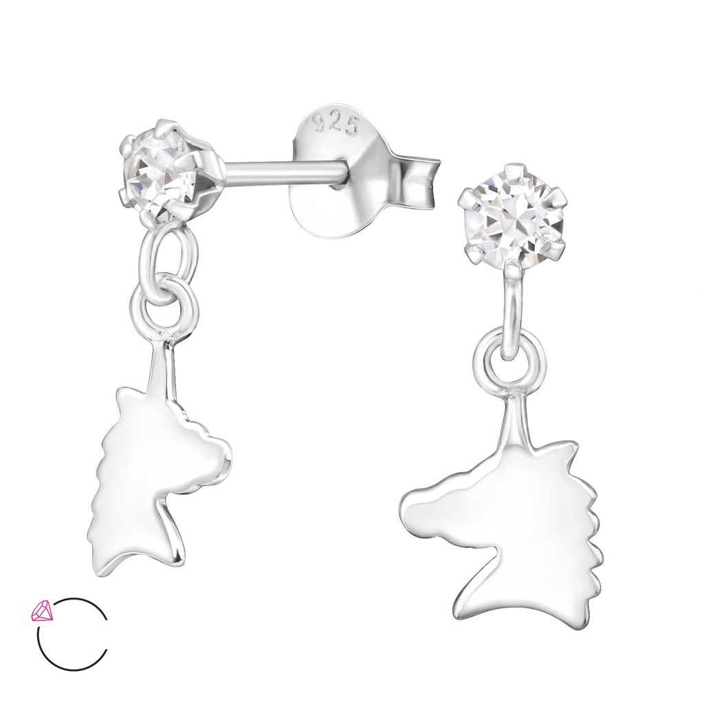 925 Sterling Silver & Crystal Unicorn Head Stud Earrings & Gift Box