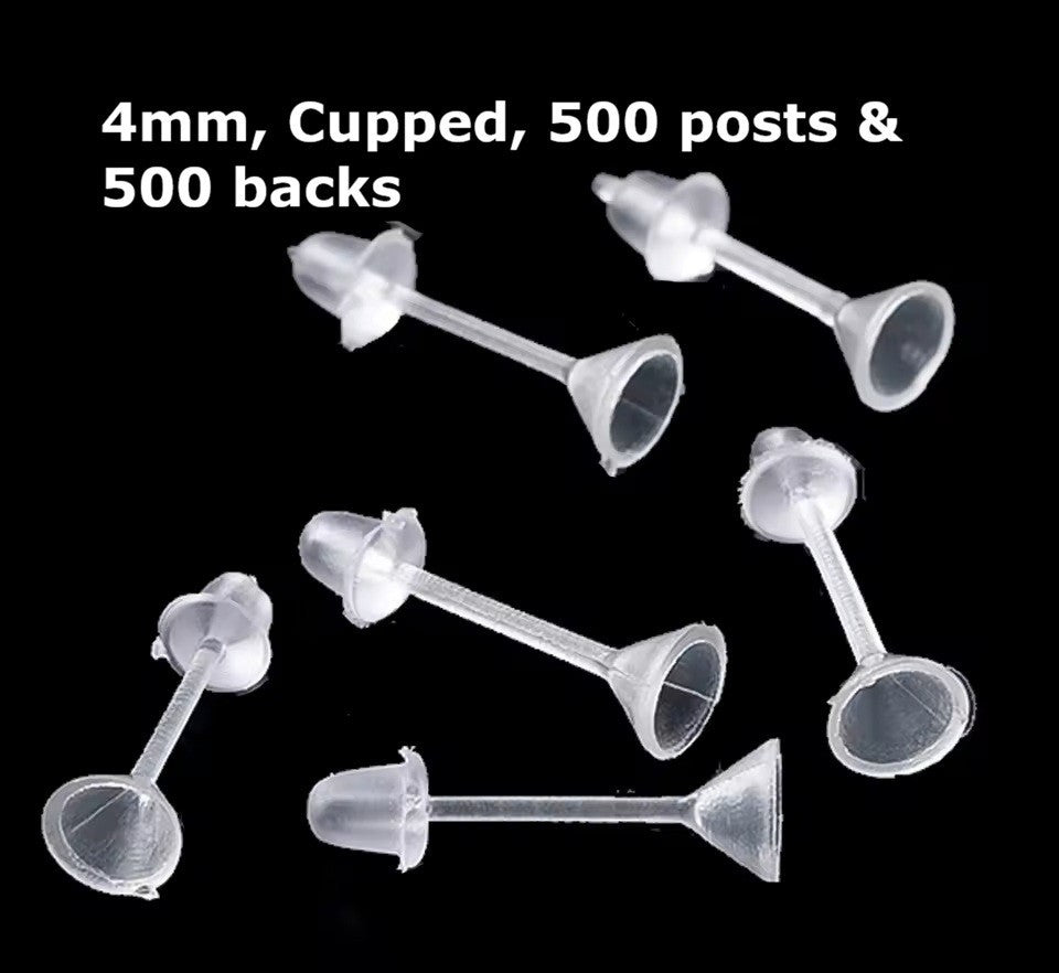 1000pcs Silicone Earring Posts & Backs - Jewellery Making Findings Craft Sets - 4mm Cupped