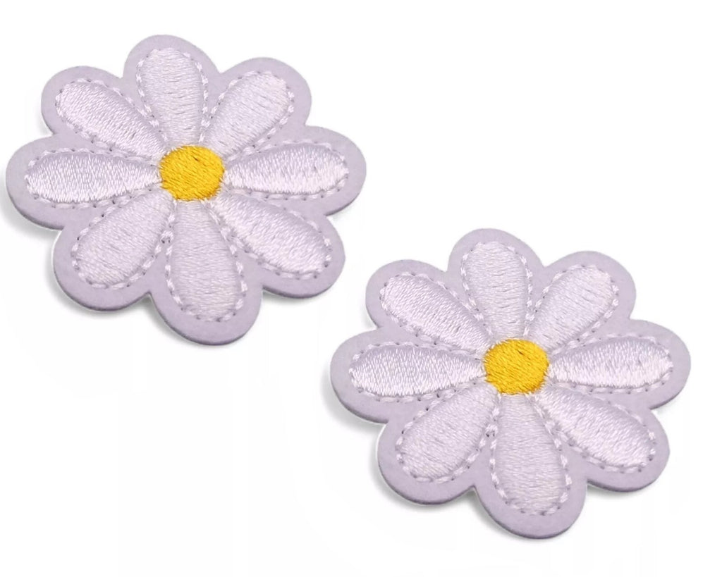 2 White Daisy Flower Iron On Sew On Patch Applique. Embellishment Patches