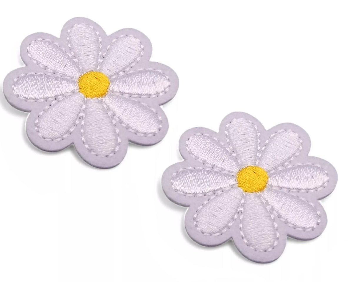 2 White Daisy Flower Iron On Sew On Patch Applique. Embellishment Patches