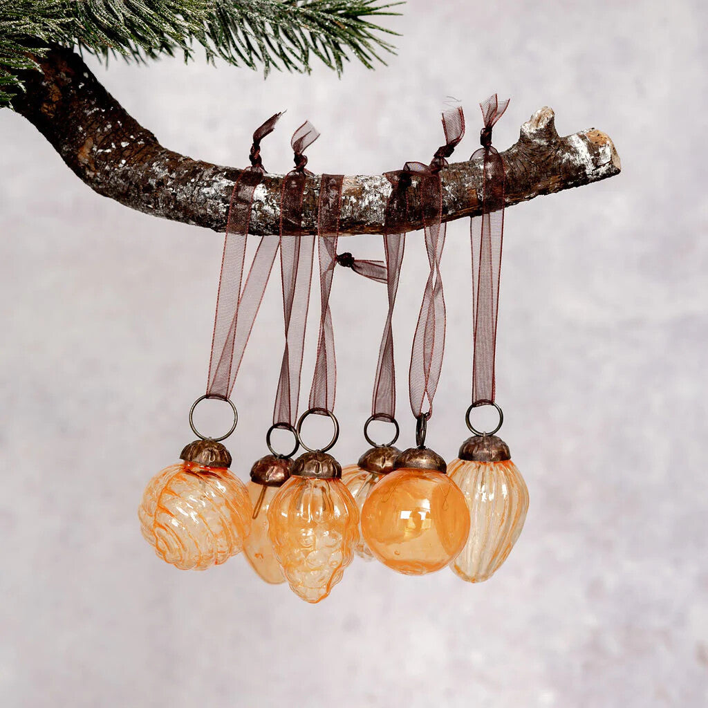 6 Pack Small Glass Handcrafted Baubles Premium Traditional Christmas Tree Craft - Set of 6 Small Mixed Champagne Lustre Baubles