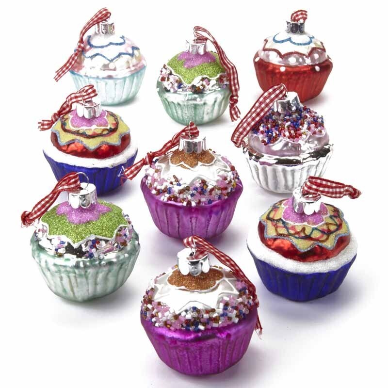 Glass Handcrafted Baubles Premium Traditional Christmas Tree Decoration - 9 Pack of Glass Cupcakes