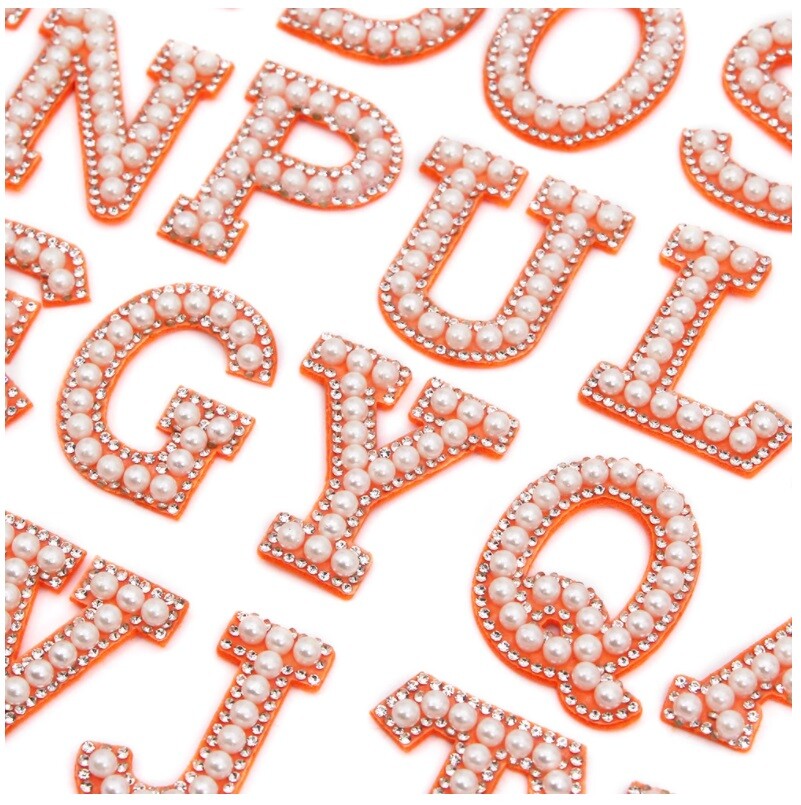 3D Orange & Pearl Rhinestone Letter Patch Patches Glue / Sew on Alphabet Crystal