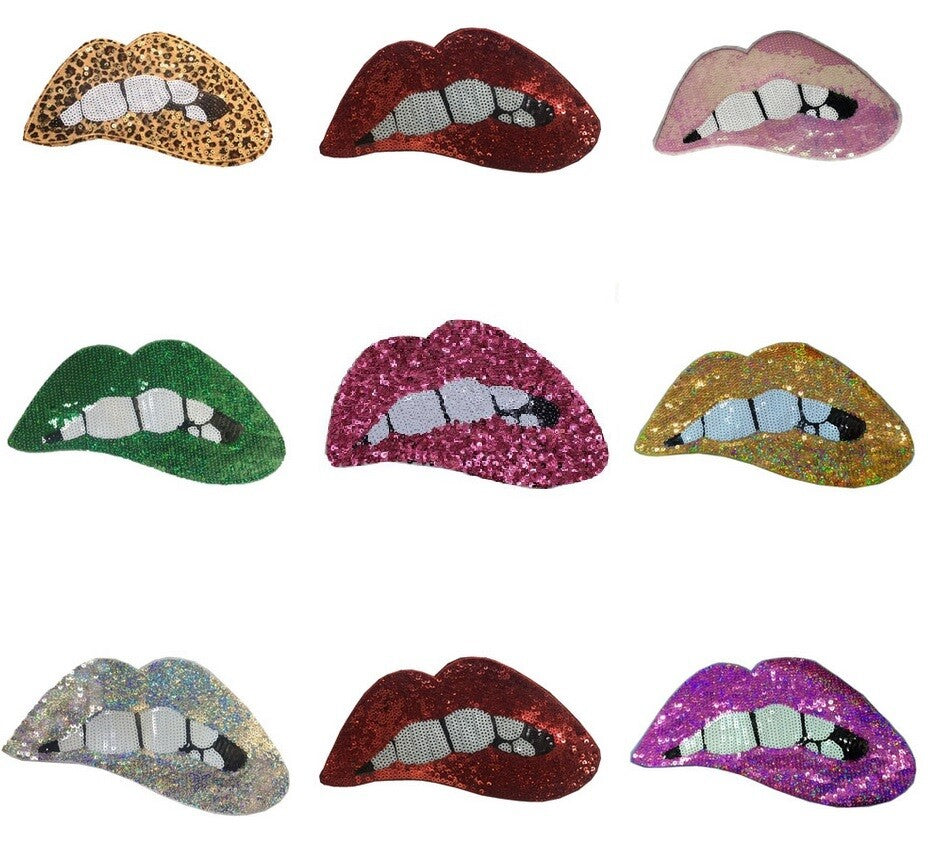 Large Rose Red Pink Fuchsia Green Lips Mouth Pop Art Lip Sequin Sew on Patch