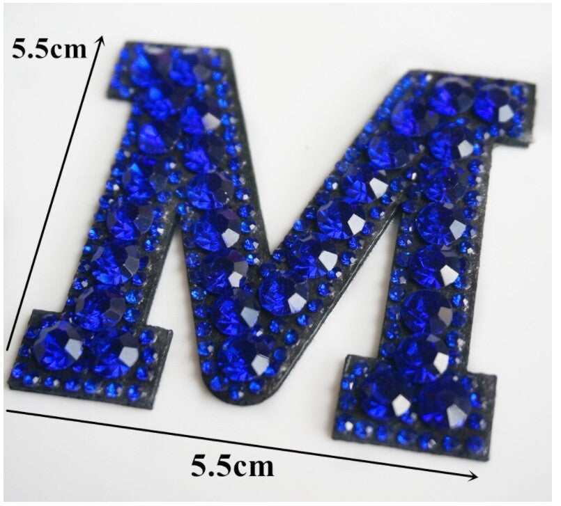 Blue Rhinestone Letter Patch Patches Iron or Sew on Alphabet Crystal 5.5cm tall