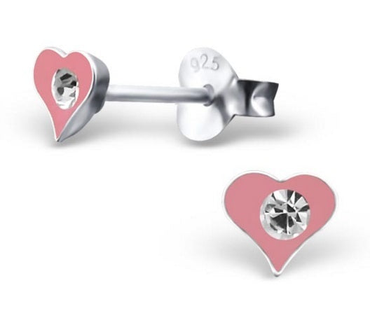 925 Sterling Silver Heart Diamante Stud Earrings Love Valentine & Gift Box - Light Pink
