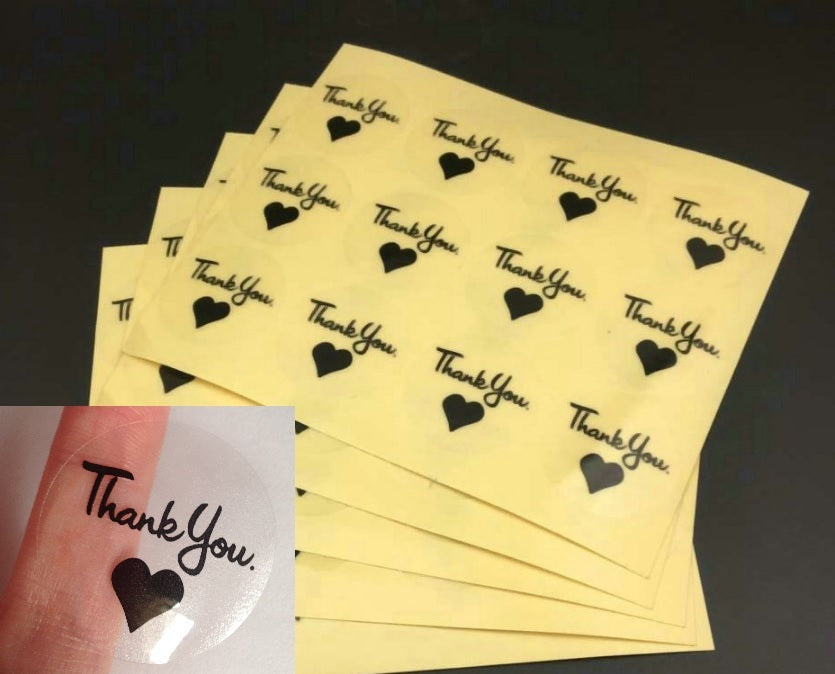 TRANSPARENT ROUND LABELS 'THANK YOU' HEART GIFT FOOD CRAFT STICKERS BK