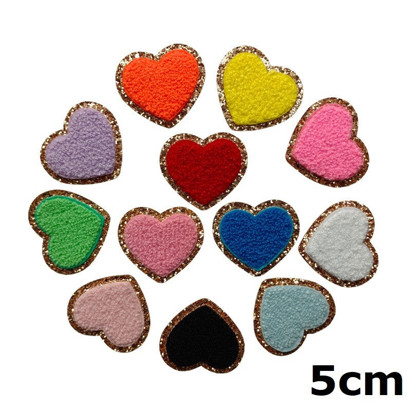 5cm Chenille & Gold Towel Heart Patch Iron on Sew on Customise Clothing Craft