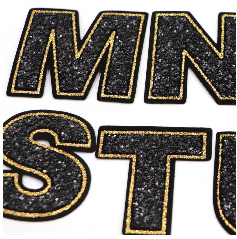 Large Black Gold Sequins Letter Patch Iron or Sew on Alphabet Customise Clothing