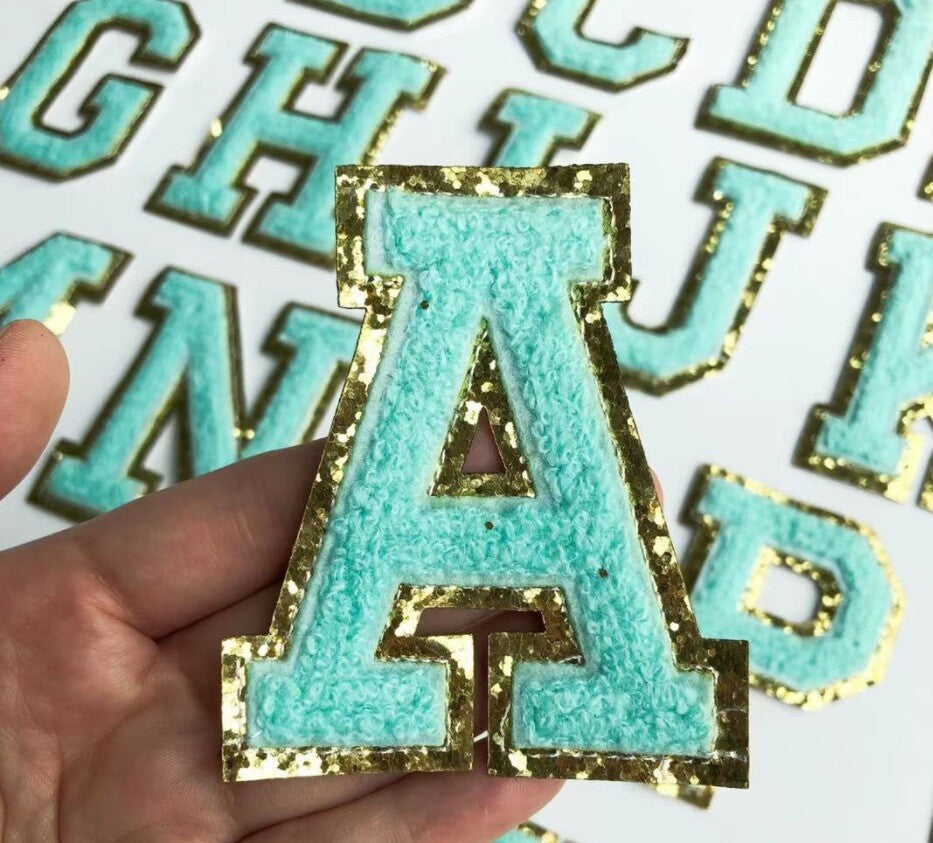 8cm Large 3D Blue & Gold Chenille Patch Letter Patches Iron Sew on Alphabet