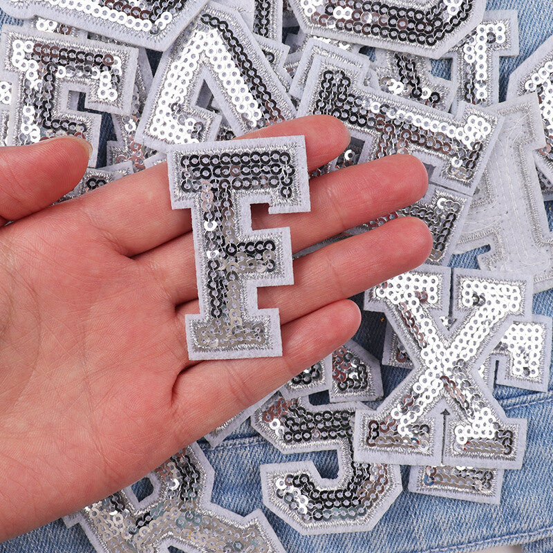 Silver Sequins Varsity Letter Patch Iron or Sew on Alphabet Customise 5cm