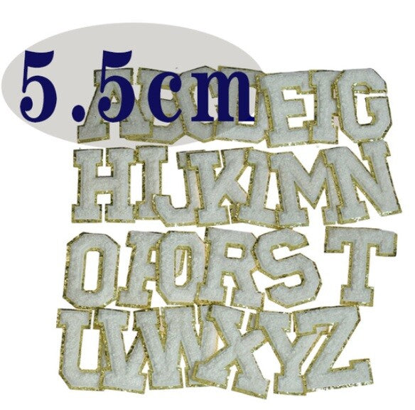 3D Multicolour & Gold Chenille Patch Letter Patches Iron on Alphabet 5.5cm - White