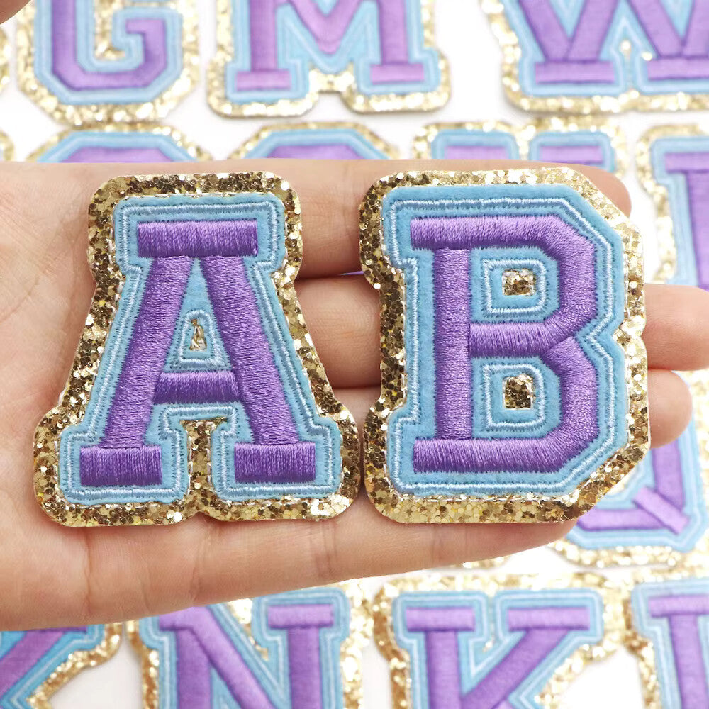 3D Gold & Coloured Patch Embroidered Letter Patches Iron on Alphabet 6cm - Purple & Blue with gold outline