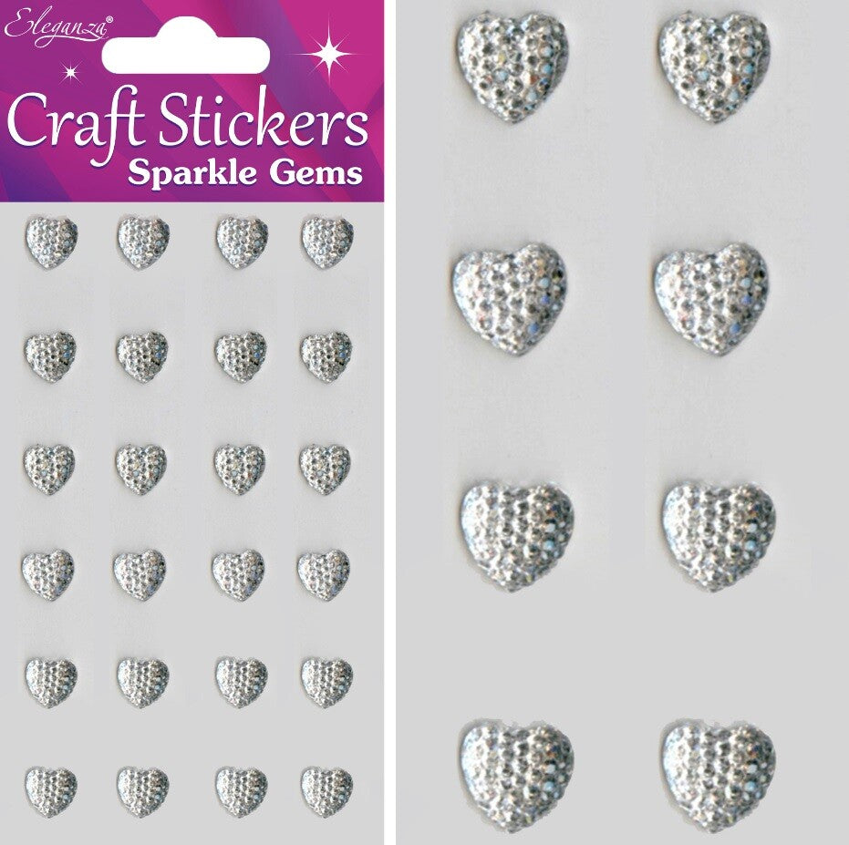 3D Stickers Craft Heart Glitter Gem Craft Embellishments Wedding Self Adhesive - 10mm Silver 24 Piece Hearts