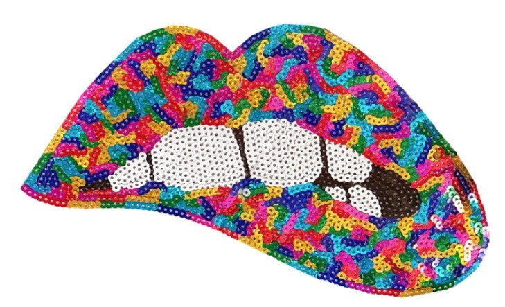 Large Rose Gold Silver Pink Lips Mouth Pop Art Lip Sequin Iron on Sew on Patch - Mix - Iron On