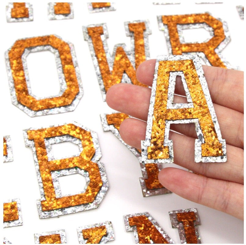 Orange & Silver Glitter Varsity Letter Patch Iron or Sew on Alphabet Patches