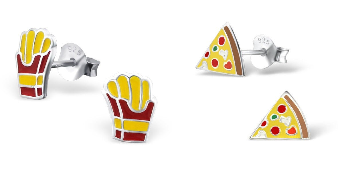925 Sterling Silver Kawaii Fast Food Fries Pizza Stud Earrings & Gift Box