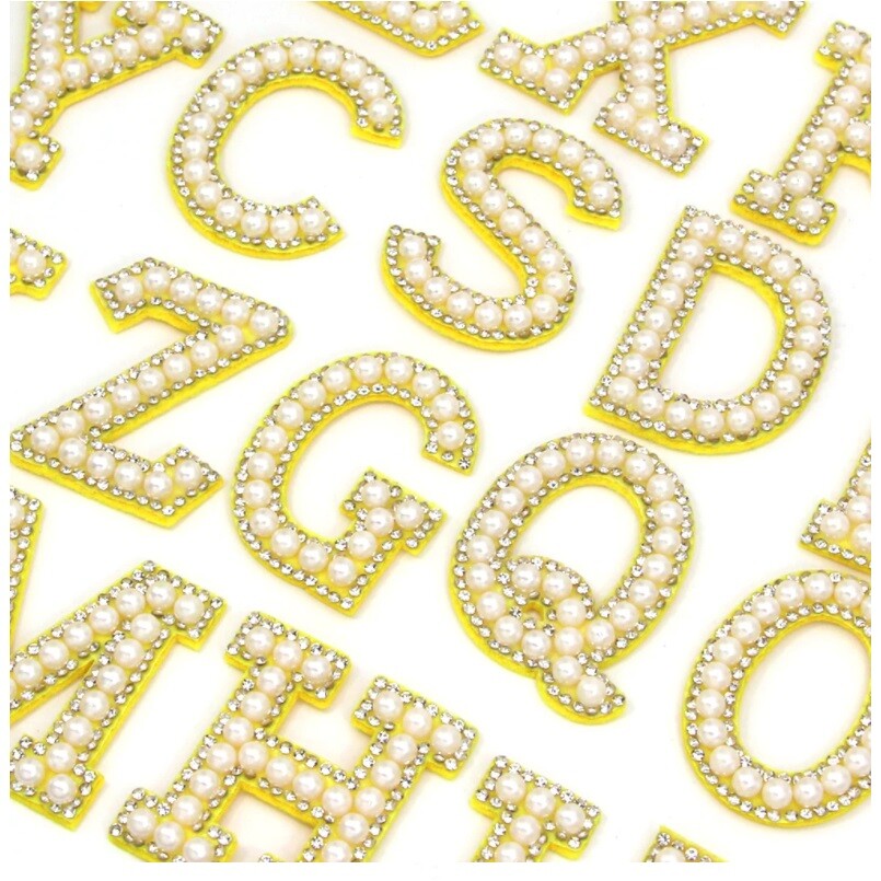 3D Yellow & Pearl Rhinestone Letter Patch Patches Glue / Sew on Alphabet Crystal
