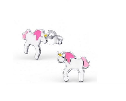 925 Sterling Silver White & Pink Magical Kawaii Unicorn Stud Earrings & Gift Box