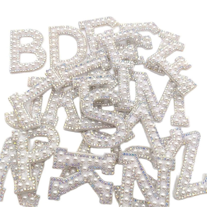 Alphabet Pearl & AB Rhinestone Crystal Letter Patch Patches Glue / Sew on