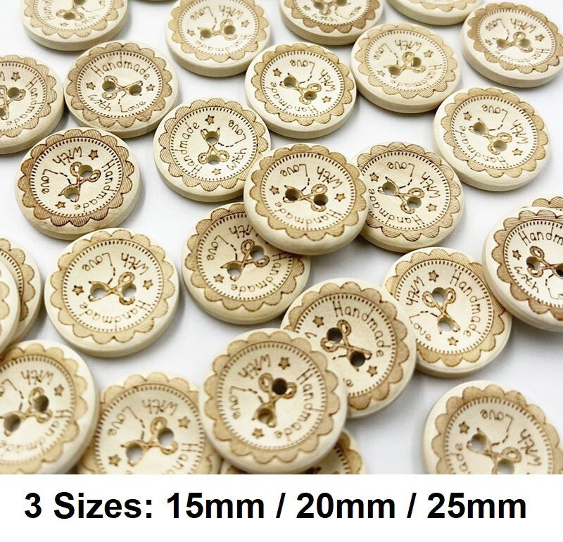 Handmade With Love Natural Wooden Wood Round Buttons - 2 Holes 15mm 20mm 25mm D2