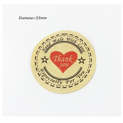 Round Labels 'Thank You Handmade with Love' Red Heart Gift Craft Stickers 3.3cm