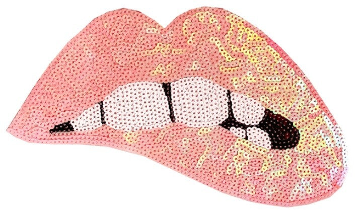 Large Rose Gold Silver Pink Lips Mouth Pop Art Lip Sequin Iron on Sew on Patch - Ab Light Pink - Iron On