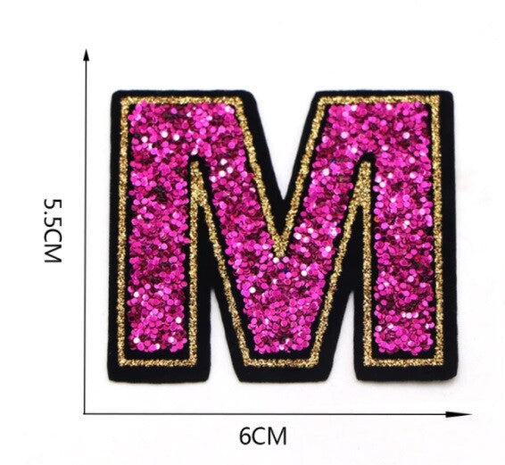 Large Pink Sequins Glitter Letter Patch Iron on Sew on Alphabet Customise 5.5cm - M