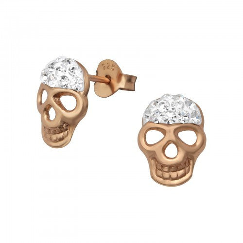 925 STERLING SILVER & ROSE GOLD CRYSTAL SKULL 8x11mm STUD EARRINGS & GIFT BOX