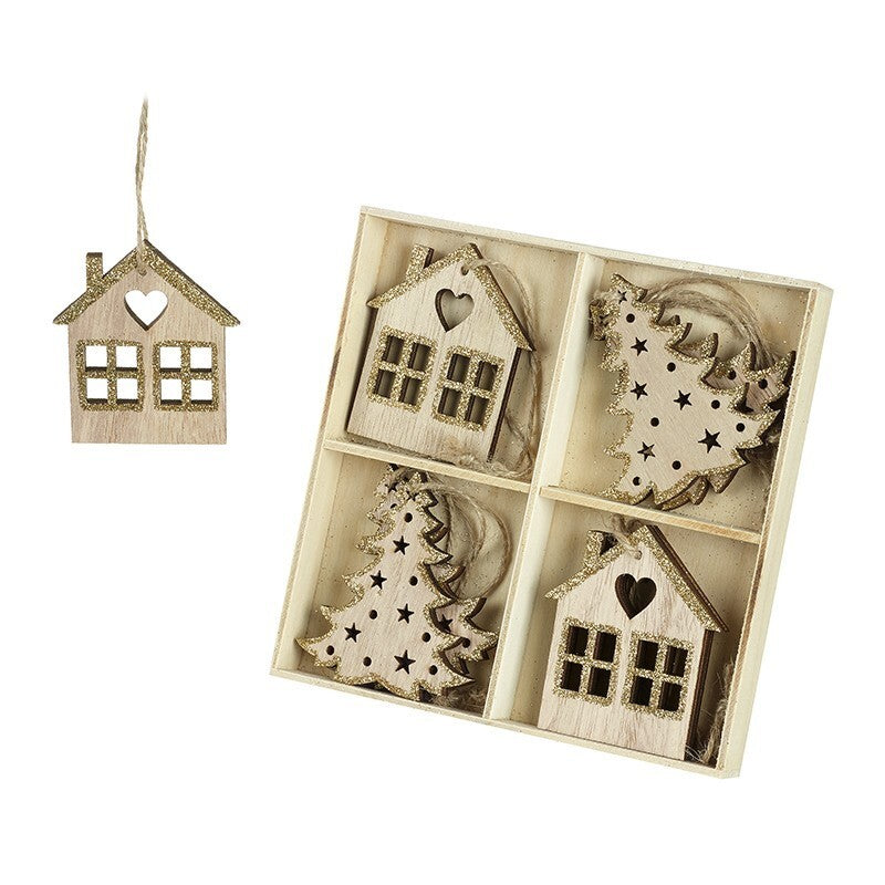Wood Christmas Tree Decorations Wooden Xmas Baubles Hangers Nordic Rustic - 8 Pack Tree & House