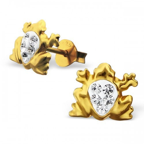925 Sterling Silver & Gold Crystal Frog Toad Cute Stud Earrings & Gift Box #13