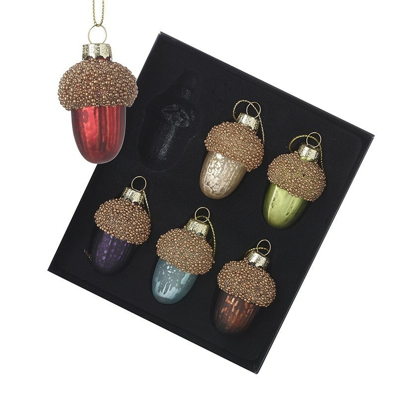 Glass Handcrafted Baubles Premium Traditional Christmas Tree Decoration - 6 Pack Coloured Glass Acorn Baubles Set