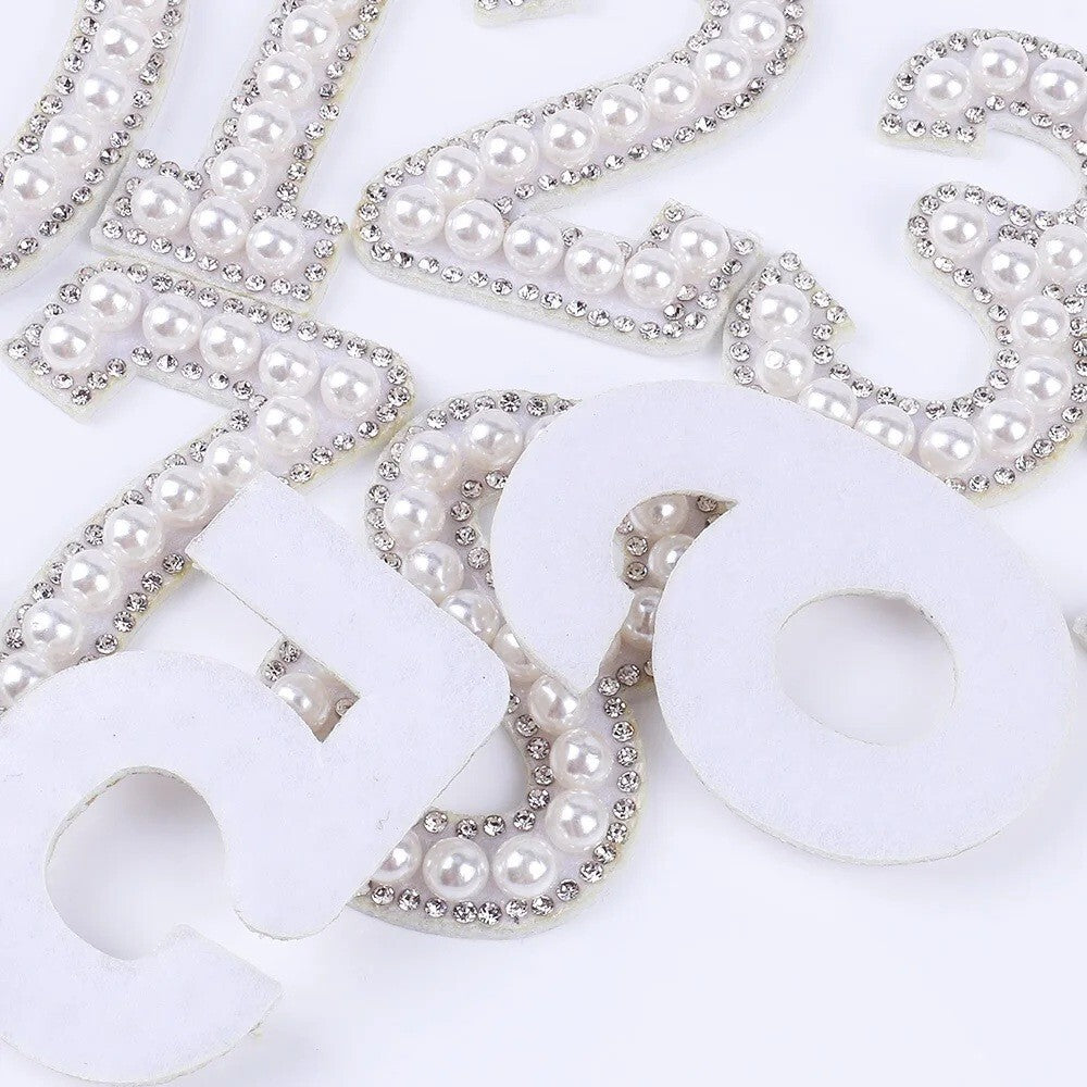 5cm Tall Pearl Number Patch White & Silver Rhinestone Alphabet Numbers Patches