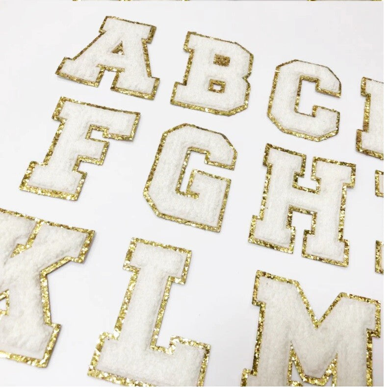 8cm Large 3D White & Gold Chenille Patch Letter Patches Iron or Sew on Alphabet