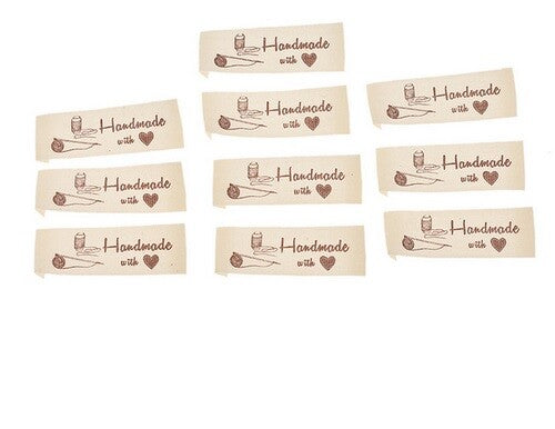 Cream Fabric Labels Hand Made With Love Sew On Garment Cotton Clothing Tags - 6 - Long Thread & Needle