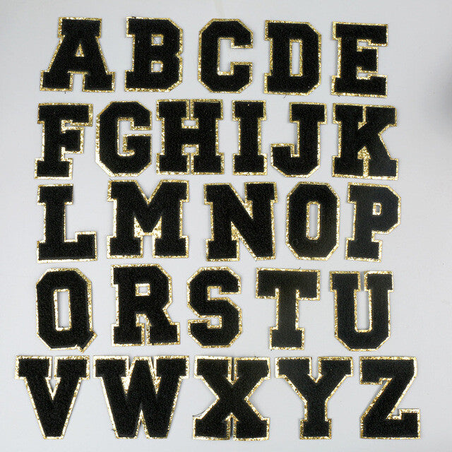 3D Coloured & Gold Chenille Patch Letter Patches Iron on Alphabet 5.5cm / 55mm - Black
