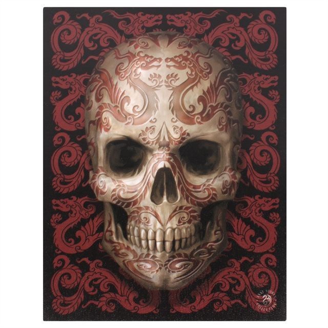 Oriental Skull Canvas in Wooden Frame By Anne Stokes 25.4cm x 19.3cm