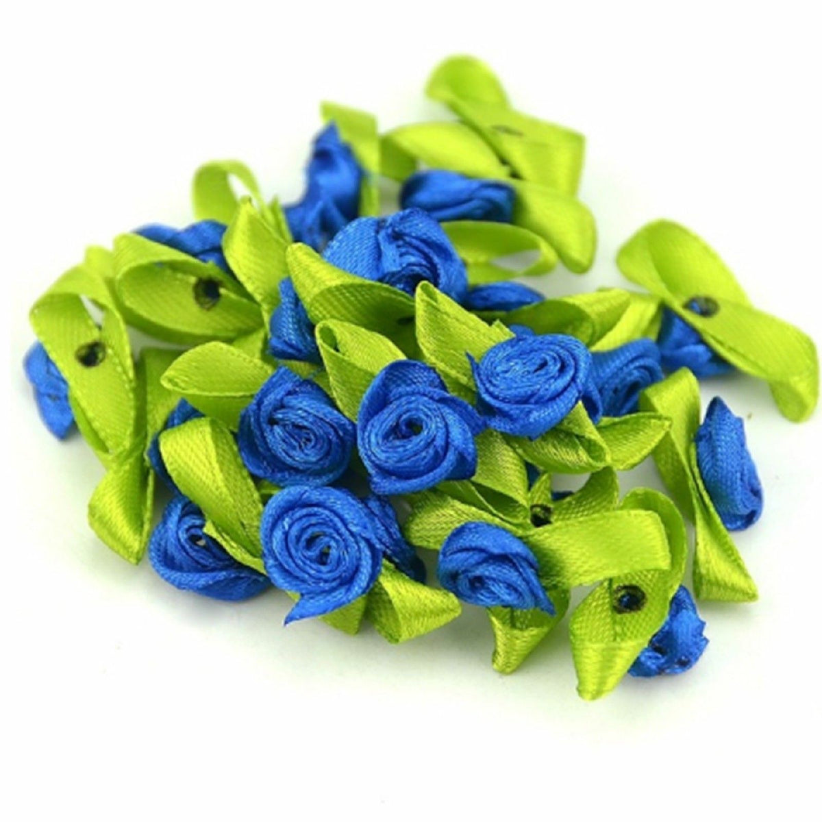 Mini Satin Ribbon Rose Buds Flowers Green Leaf Leaves Craft Wedding Confetti - Dark Blue