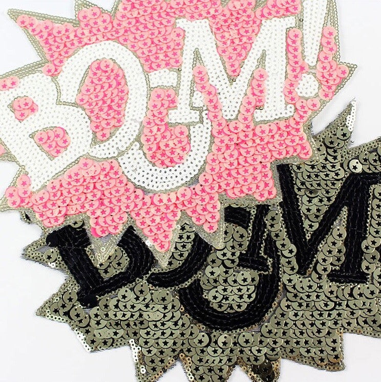 Large BOOM! Star Cartoon Comic Applique Sew On Sequin Patch Pink Gold & Black