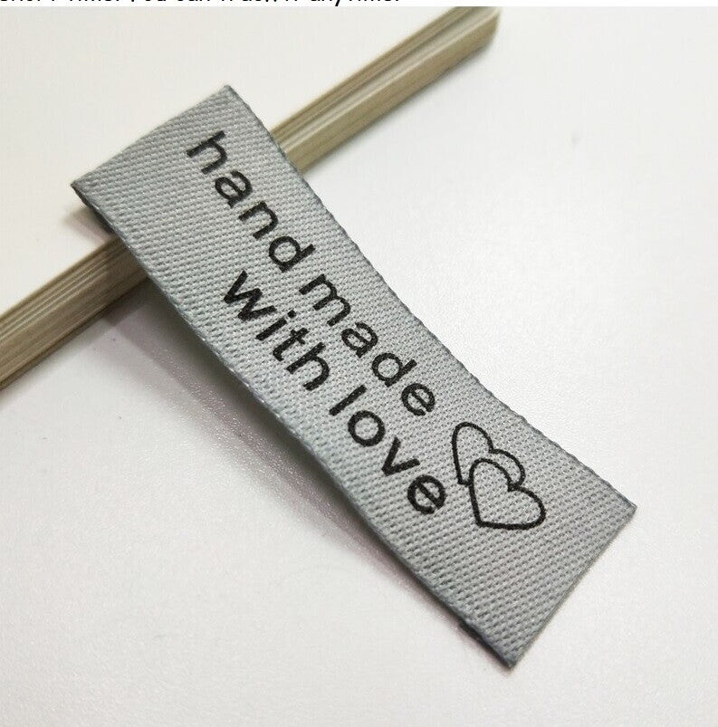 Grey Silver Fabric Labels Hand Made With Love Sew On Clothing Label Tags 50x15mm