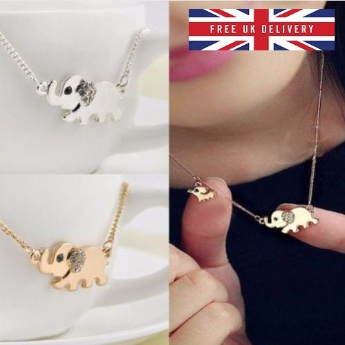 Rhinestone Gold & Silver Elephant Pendant Necklace Crystal Jewellery Kawaii