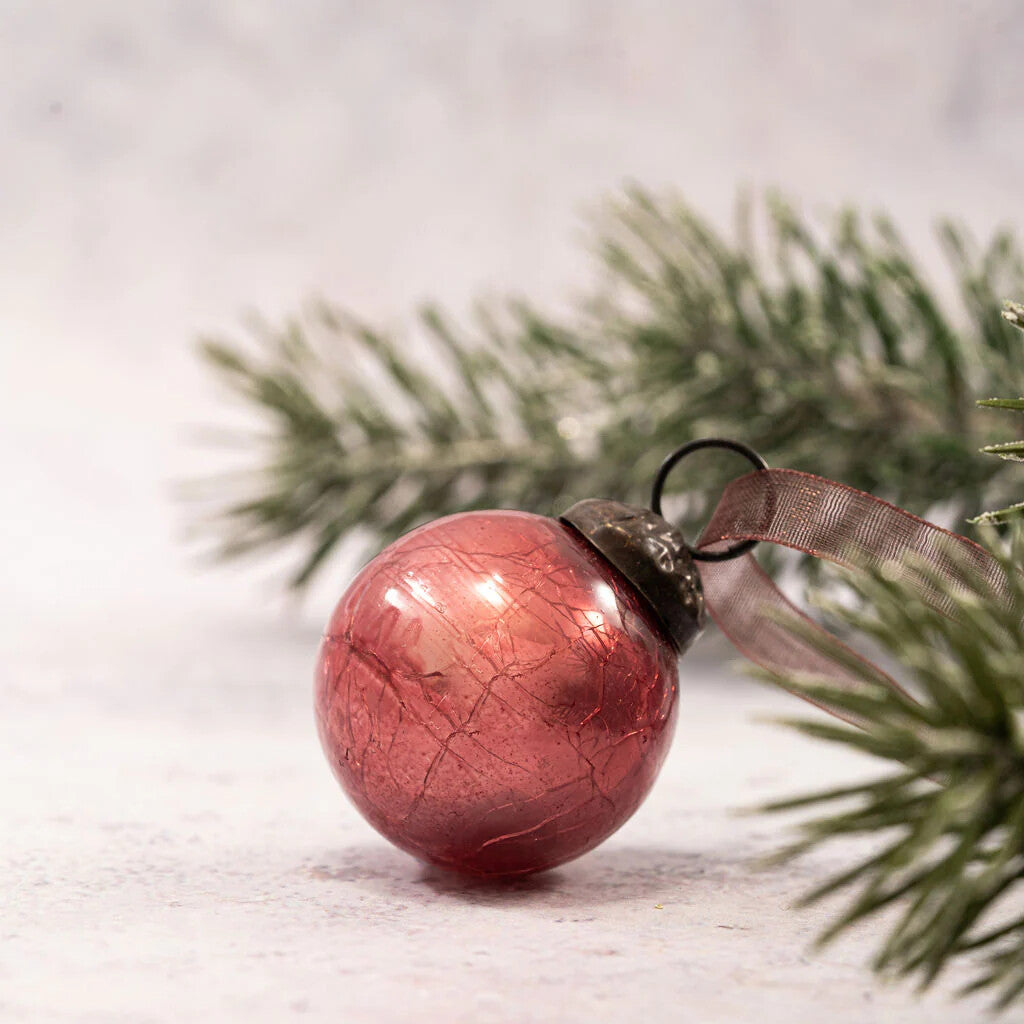 6 Pack Small Glass Handcrafted Baubles Premium Traditional Christmas Tree Craft - Set of 6 Small Mauve Crackle Glass Baubles