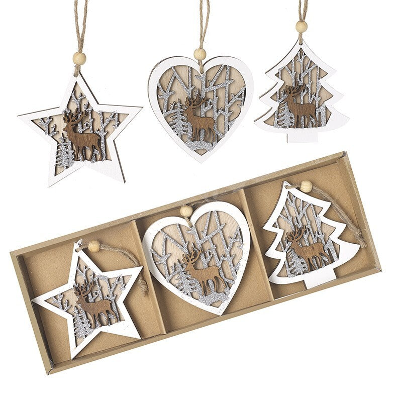 Wood Christmas Tree Decorations Wooden Xmas Baubles Hangers Nordic Rustic - 6 Pack Silver Star Heart Tree