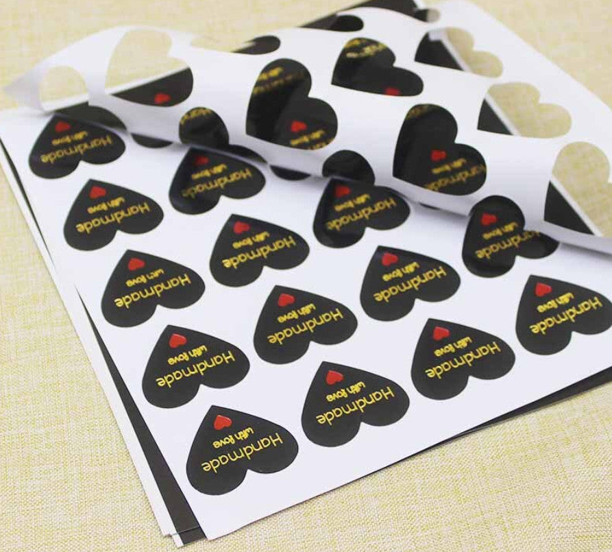 Heart Handmade with Love Gift Seal Craft Stickers Black Gold & Text Labels