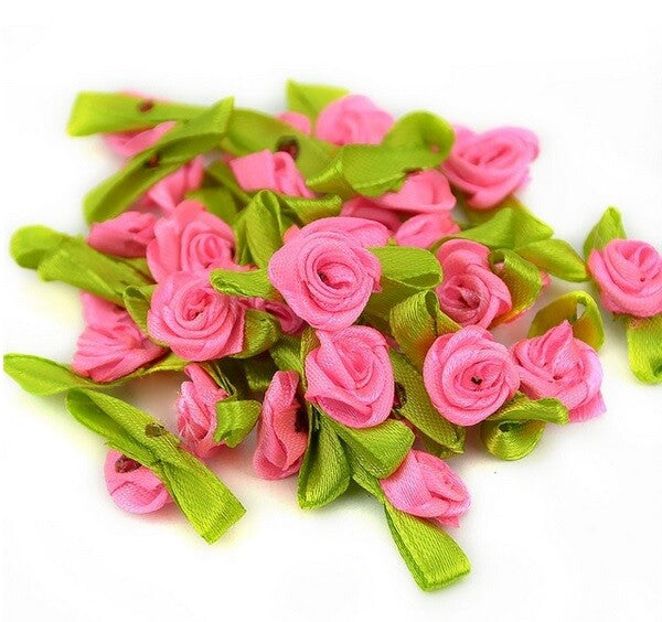 Mini Satin Ribbon Rose Buds Flowers Green Leaf Leaves Craft Wedding Confetti - Rose