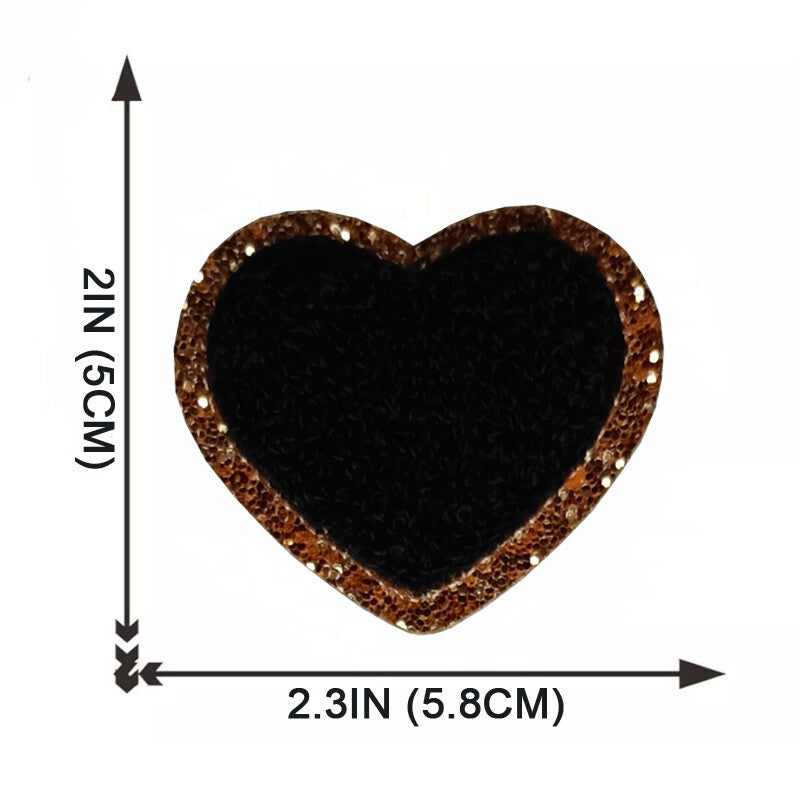 5cm Chenille & Gold Towel Heart Patch Iron on Sew on Customise Clothing Craft - Black