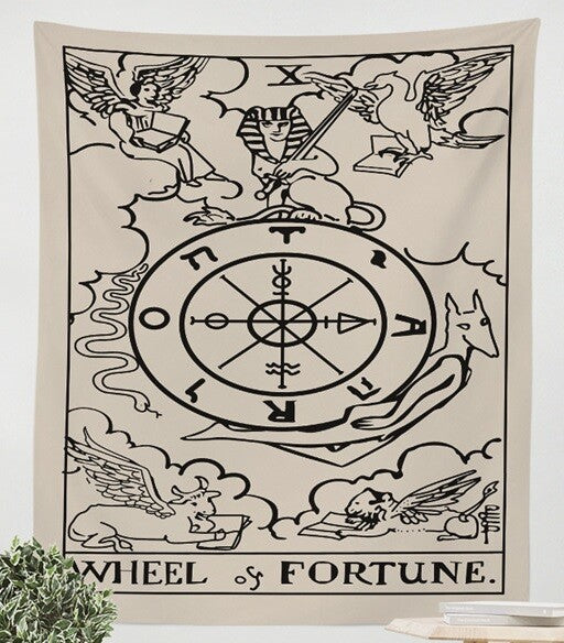 Tarot Wall Art Hanging Fabric Astral Throw Altar Cloth Wiccan Gothic Pagan Gift - Wheel of Fortune - 95x73cm